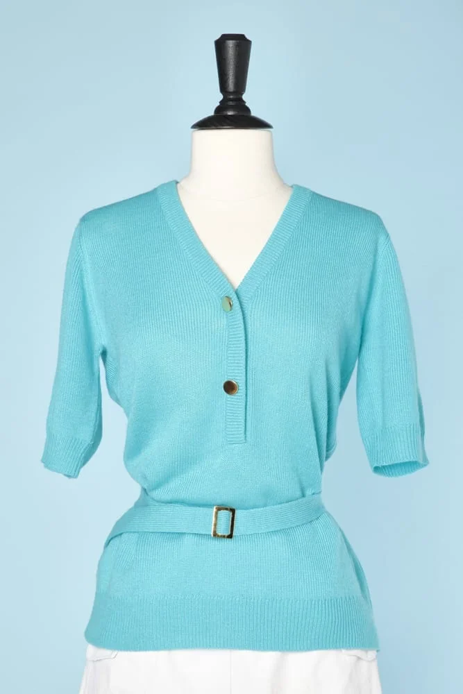n5480_pull_1960_tricot_bleu_turquoise_boutons_dore_ceinture_pic002