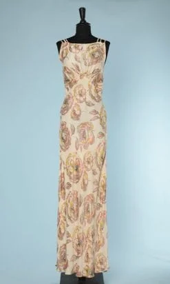 n5834_robe_longue_satin_soie_ivoire_1930_imprimee_grosses_fleurs_fronces_sous_poitrine_taille_36_pic001