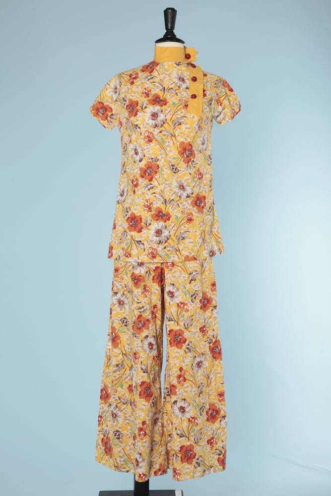 n5804_ensemble_plage_coton_jaune_1930_imprime_fleurs_taille_36_pic001