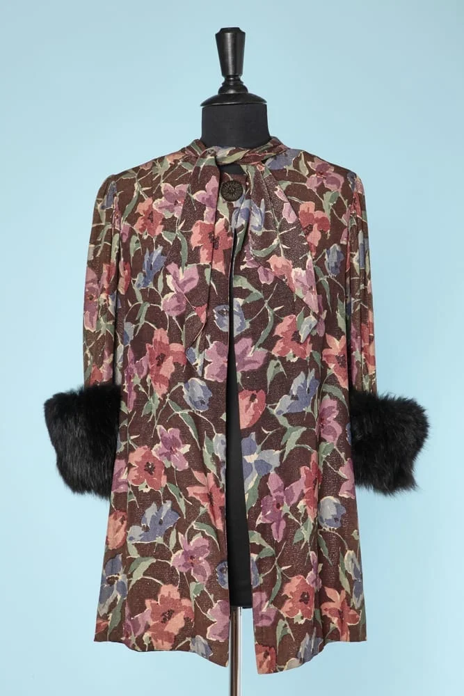 n6206_veste_1930_soie_marron_imprimee_fleurs_lame_argent_taille_38_pic001