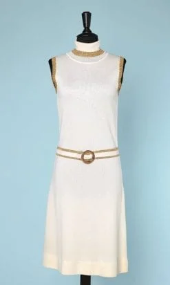 n6210_robe_maille_blanche_rayures_or_1960_1970_ceinture_taille__36_38_pic001