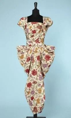 n6285_robe_taffetas_ecrue_imprimee_fleurs_baque_plis_taille_38_40_pic001