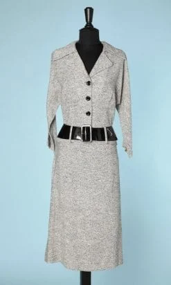 Tailleur jupe et blouson en lin chiné gris et noir 1950