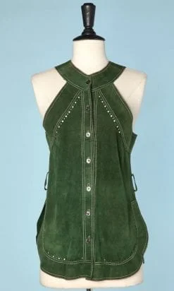Tunique en daim vert perforé de trous 1970 griffé Jean Muir