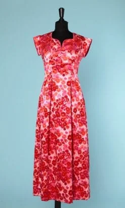 n6483_robe_longue_1960_satin_rose_fleurs_velours_devore_orange_rouge_rose_taille_36_pic001