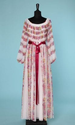 n6770_robe_1970_mousseline_blanche_imprime_fleurs_rubans_satin_rose_taille_38_pic001