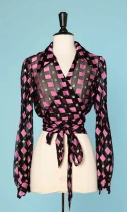 Chemisier 1970 en organza noir à carreaux rose et or