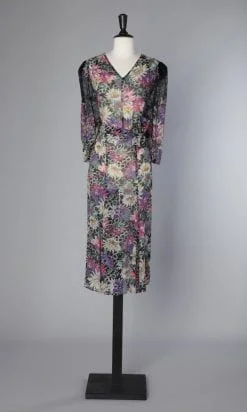 Robe 1930 en mousseline imprimée et dentelle