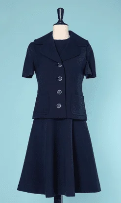 Tailleur robe et boléro en soie noir et blanc Louis Férraud 1980