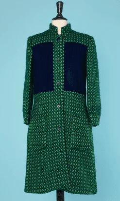 Manteau 1970 en lainage marine et vert Jean Patou