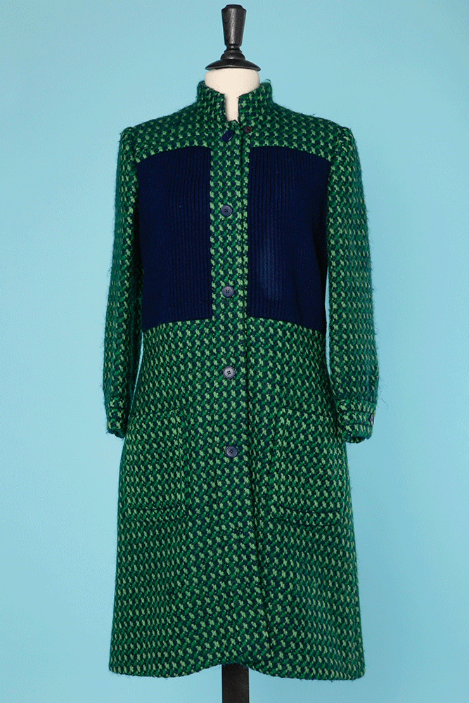 Manteau 1970 en lainage marine et vert Jean Patou