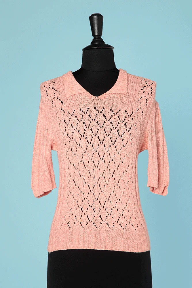 Pull 1930 en laine rose tricoté main