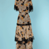 Robe longue 1930 en mousseline imprimée et dentelle noire