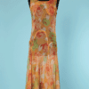 Robe longue en mousseline 1930 imprimée de fleurs orange et vertes