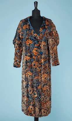 Manteau du soir 1930 en mousseline imprimée et panne de velours