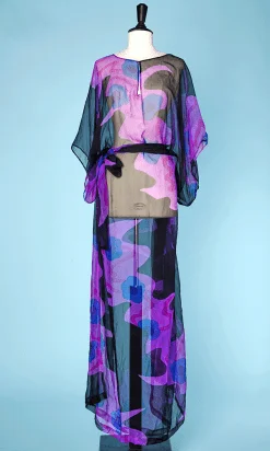 Long poncho 1970 en mousseline noir et violet