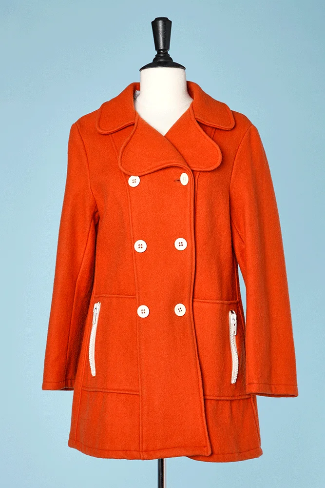 Caban 1970 en drap de laine orange large zip et boutons blancs