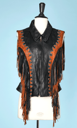 Blouson en cuir sans manches en cuir noir à franges marron et noires