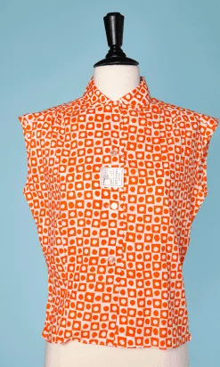 Chemisier en coton imprimé orange et blanc 1970
