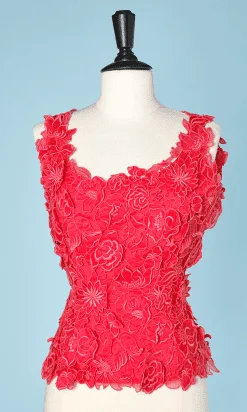 Chemisier 1960 en organza rose et applications de fleurs brodées