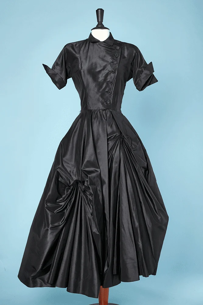 Robe en taffetas de soie noir 1950 Ceil Chapman couture