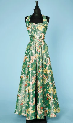 Robe 1940 - 1950 du soir en taffetas vert à motifs de chimères