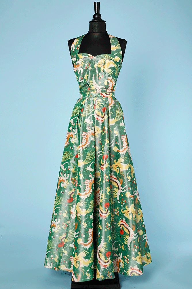 Robe 1940 - 1950 du soir en taffetas vert à motifs de chimères