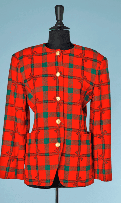 Veste en lainage à carreaux verts et rouges Yves Saint Laurent