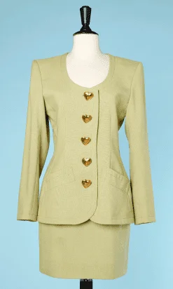 Tailleur en lin vert absynthe avec boutons cœur griffé Yves Saint Laurent