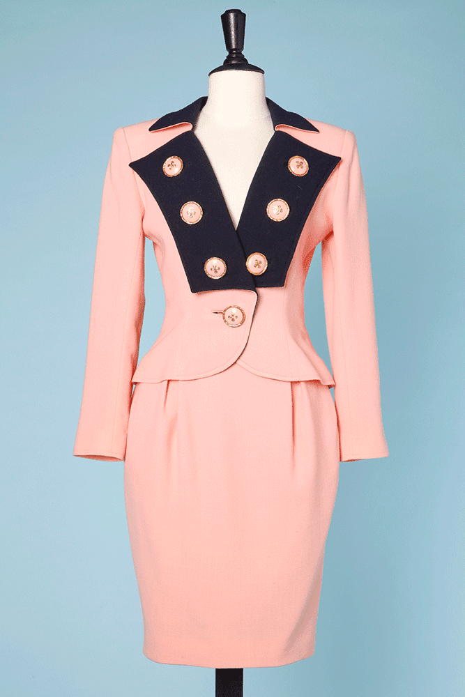 Tailleur 1980 - 1990 en lainage rose et marine Christian Lacroix