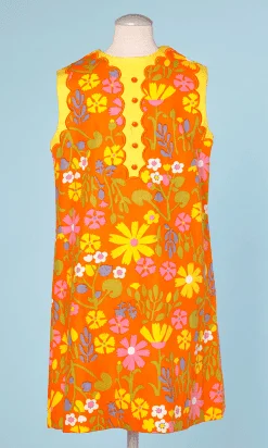 Robe de fillette 1970 en coton orange imprimé