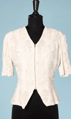 Veste 1940 en crêpe blanc brodé de paillettes blanches