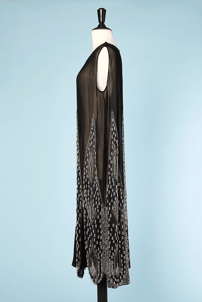Robe 1925 en mousseline noire brodée de perles de verre transparentes – Image 3
