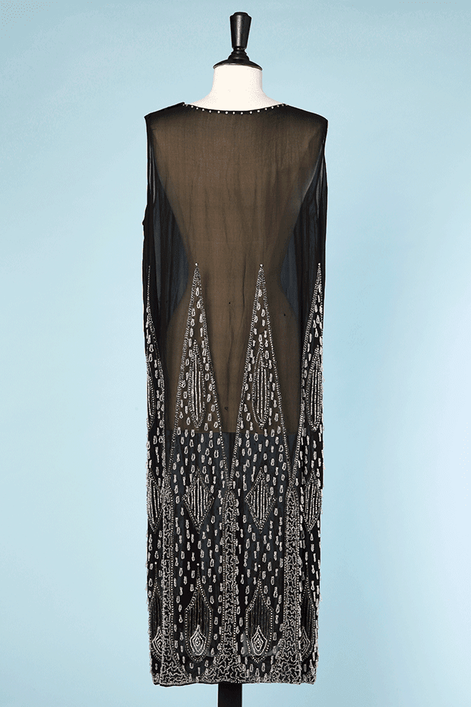 Robe 1925 en mousseline noire brodée de perles de verre transparentes – Image 4
