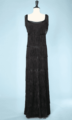 Robe longue en jersey de soie noir à franges Loris Azzaro