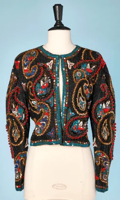 Veste courte vintage entièrement perlée noire et rouge etpailletée couleurs