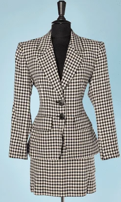 Tailleur 1980 - 1990 à carreaux pied de poule noir et blanc Yves Saint Laurent