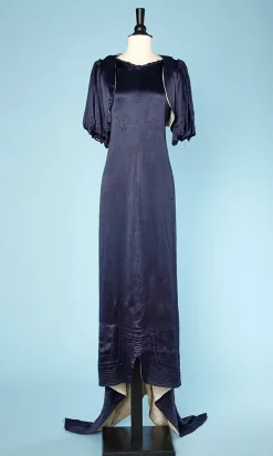 Robe longue 1930 en satin marine et gris argent