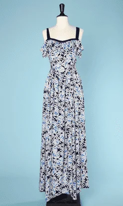 Robe longue en lin bleu marine imprimé de marguerites