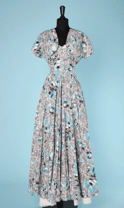 Robe longue 1940 en coton gris imprimé fleurs turquoises