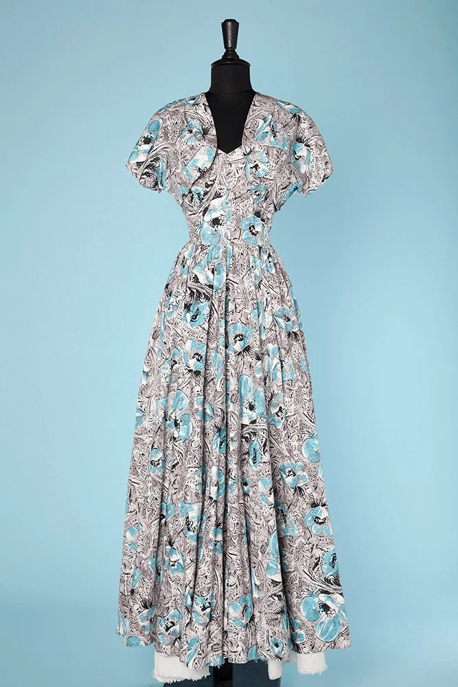 Robe longue 1940 en coton gris imprimé fleurs turquoises