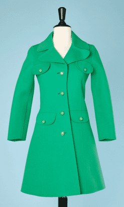 Tailleur manteau et jupe 1960 en lainage vert avec surpiqûres