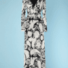 Robe longue vintage en jersey blanc imprimé noir découpé au lazer