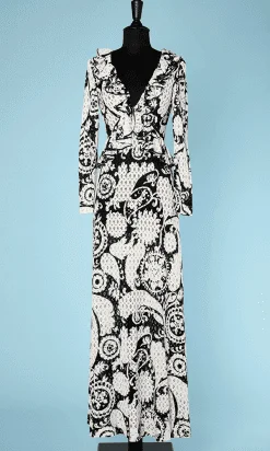 Robe longue vintage en jersey blanc imprimé noir découpé au lazer