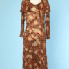 Robe 1930 en mousseline marron imprimée de fleurs et pois en velours de soie marron