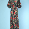 Robe longue 1930 en soie noire imprimé de fleurs multicolores et tulle noir