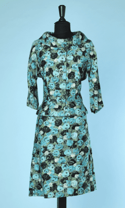 Tailleur 1950 en coton vert imprimé noir et gris