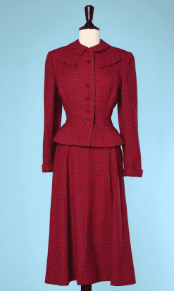 Tailleur jupe et veste 1940 en lainage à carreaux rouge et bleu