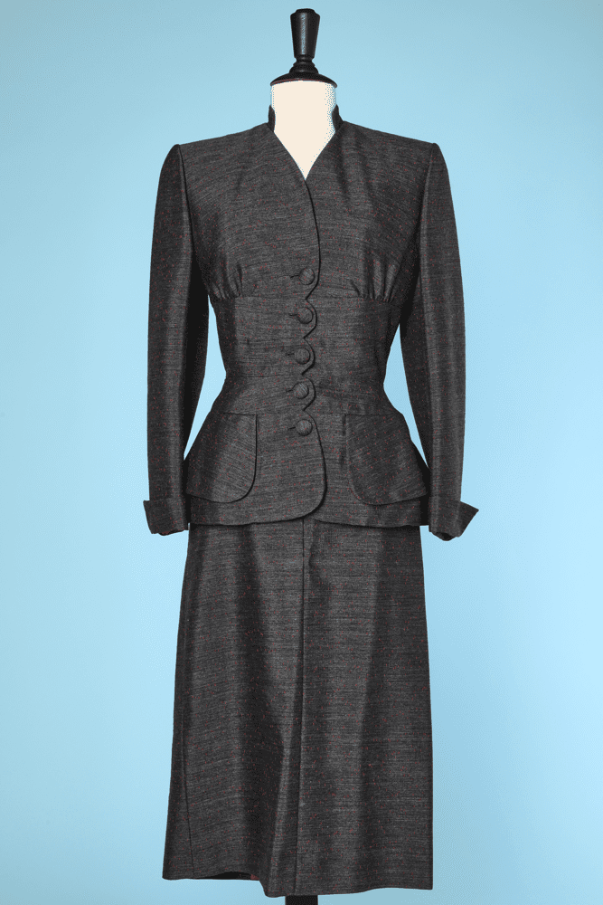 Tailleur 1940 en laine et soie gris chiné rouge Lilli Ann