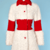Manteau 1970 en peluche blanche et bande rouge Peroche
